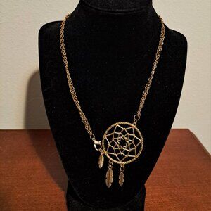 Handmade Gold Tone Dream Catcher Necklace With Gold Chain 21" Necklace